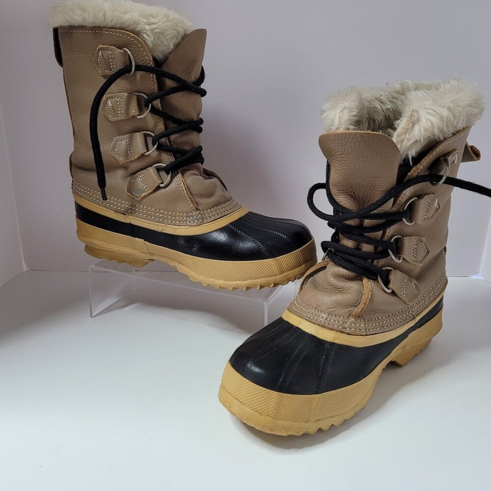 SOREL Wool Lined "Manitou" Womens Size 6 Boots Brown/Black/Yellow Vintage Rare - Picture 2 of 13